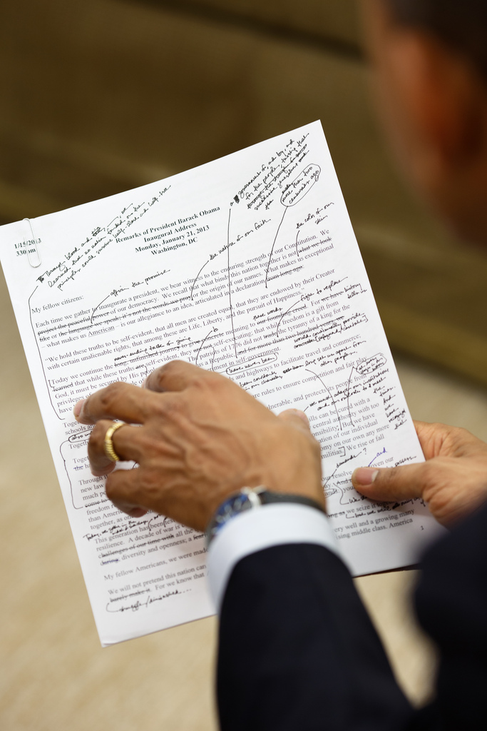 President Barack Obama works on his inaugural address with Jon Favreau, Director of Speechwriting, not pictured, in the Oval Office, Jan. 16, 2013. (Official White House Photo by Pete Souza)